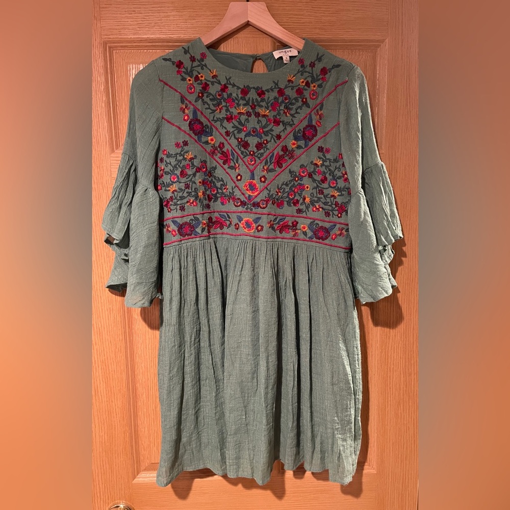 Umgee Boho Embroidered Dress Small Green
